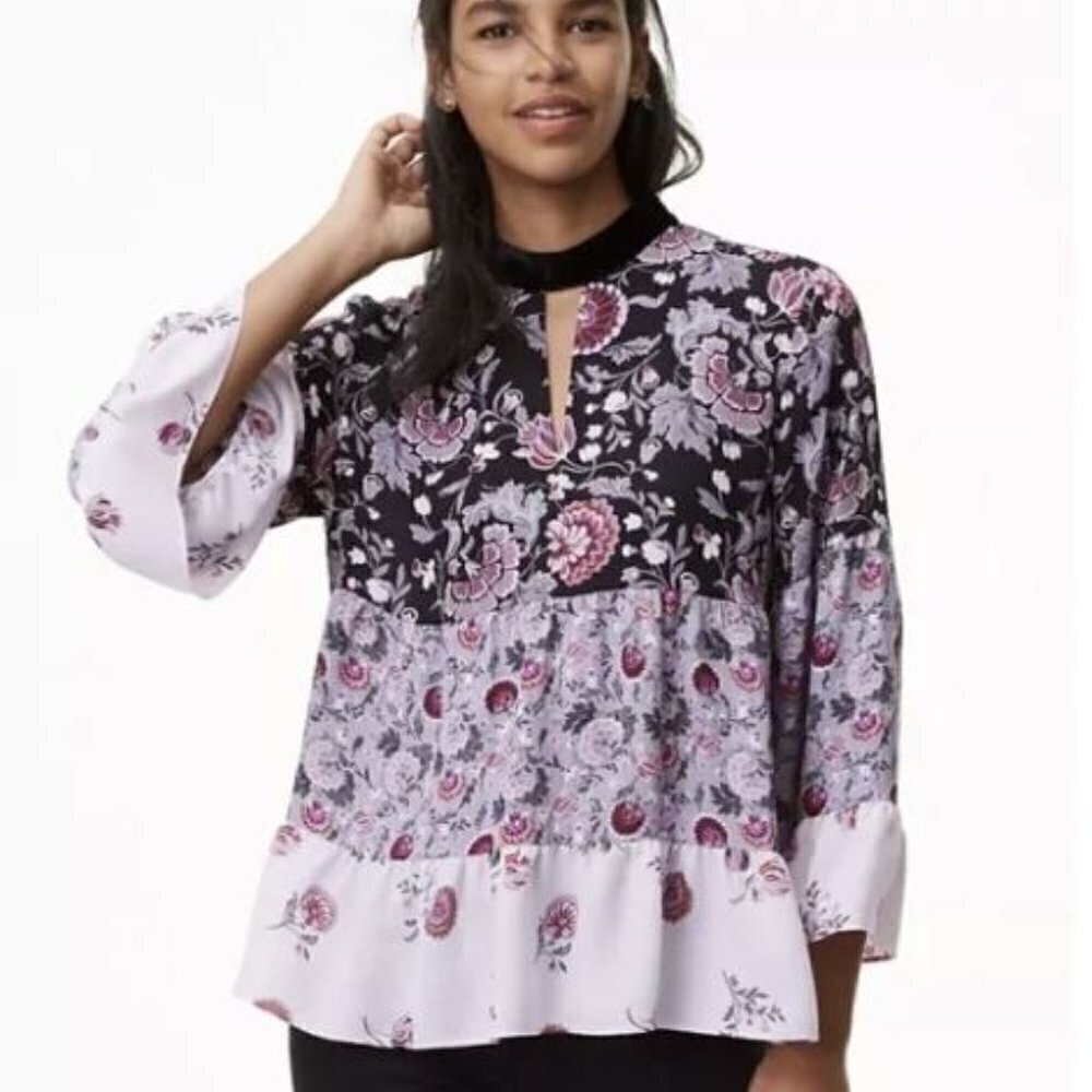 LOFT Keyhole Blouse with Velvet Collar